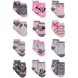 Disney Baby Girls Minnie Mouse Character Design Socks 12 Pack (Newborn and Infants), Minnie Pink/White/Grey, Age 0-6M