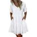 UKAP Women Summer V Neck Mini Dress Short Sleeve Loose Swing Dress Summer Beach Holiday Casual Sundress