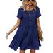 Avamo Women Solid Button Dress Short Sleeve U Neck Frill Midi Dress Ladies Summer Tiered Dress S-XL Dark Blue M(US 8-10)