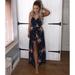 Daciye Floral Print Pants Dresses Female Strap V Neck Dress (Navy Blue M)