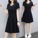 Female Chic Summer Pure Color Loose Short Sleeves Mid-length Dress black L