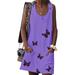 Women Boho Summer Casual T Shirt Dresses Beach Cover up Tank Dress Sleeveless Scoop Neck Butterfly Print Sundress Ladies Loose Pockets Mini Dress