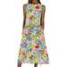 Crew Neck Ruffle Dress for Women Sleeveless Midi Dress Floral Tie Dye Print Beach Party Dresses