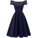 Elegant Women Off Shoulder Dress V Neck Short Sleeve Solid Pleated Cocktail Party A-line Swing Dress Burgundy/Dark Blue