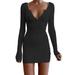 BIG SAVE! Women Sexy Ladies Autumn Dress Casual Solid Color Slim Wrap Fit Party Low-Cut V-neck Tight Bodycon Long Sleeve Dress Mini Dress,Black