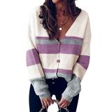 Women Button Down V Neck Sweater Long Sleeve Stripe Knitted Sweaters Casual Cardigan Sweater Jumper Pullover Knitwear