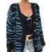 Jocestyle Women Cardigan Loose Knitted Sweater Coat Stripe V Neck Jacket (Blue XL)