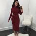 Women Autumn Winter Sweater Knitted Dress Belted Waist Slim Elastic Turtleneck Long Sleeve Bodycon Dress