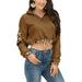 Women's Leopard Print Long Sleeve Short Crop Tops Zip Neck Patchwork Casual Drawstring Hem Pullover Fluffy Fleece Sweatshirts