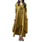 Sexy Dance Women Cotton Linen Maxi Sundress Long Sleeve Pleated Vintage Swing Dress Elegant Buttons A Line Dress For Lady Smock Hem Tunic Dress Plus Size