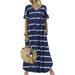 Niuer Fashion Lady Summer Loose Dresses Holiday Boho A line Pockets Maxi Dress Womens Striped Print Cocktail Elegant Dresses Dark Blue M(US 8-10)