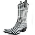 DailyShoes Cowboy Black White Plaid Prints High Heel Rain Boots, Size 9 US