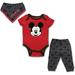 Disney Mickey Mouse 3 Pack Jogger, Onesie and Bib Set, Sleepwear Bodysuit Bundle for Baby, Size 9M Red