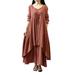 Altsales Summer Women Dress Casual Loose tow piece Cotton Line Dress Full Sleeve O-neck Ladies Elegant Ruffle Hem Dresses