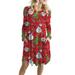 Xmas Christmas Santa Claus Print Dress for Women Crew Neck Long Sleeve Shift Dress with Pockets Casual Party Pleated A Line Dresses Plus Size