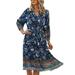 Women Long Sleeve Floral Print Dresses Vintage Kaftan Casual Shirt Dress For Women 4/3 Sleeve Paisley Flowing Party Sundress Holiday Midi Sundress