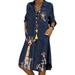 Womens Midi Dress V-Neck Sundress Printed Denim Loose Casual Pockets Collared