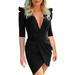 Women's V Neck 3/4 Sleeve Party Casual Lace Up Wrap Bodycon Work Mini Dress