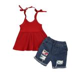 Listenwind Toddler Girl Jeans Outfit Baby Girl Ruffle Sleeveless Halter Dress Tops Shirts Short Jeans Pants Denim Clothing Set for Girl