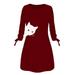 Women Fashion Printed Cat Animal Bow O Neck Long Sleeve Blouse Mini Dress