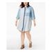 TOMMY HILFIGER Womens Blue Patchwork Denim 3/4 Sleeve Collared Above The Knee Shirt Dress Dress Size 20W