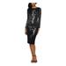 XSCAPE Womens Black Sequined Long Sleeve Jewel Neck Midi Body Con Cocktail Dress Size 12