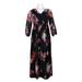 Adrianna Papell V-Neck Long Sleeve Pleated Ruched Floral Print Zipper Back Chiffon Dress (Plus Size)-BLACK MULTI