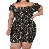 UKAP Women Sexy Plus Size Dresses Floral Print Off Shoulder Short Sleeve Bodycon Dress for Summer Beach Party Club