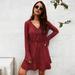 Fashion Women Mini Dress Solid V Neck Flare Long Sleeve Elastic Waist Slim Elegant Sweet Dress