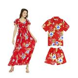 Matching Mother Son Hawaiian Luau Maxi Rahee Ruffle Sleeve Dress Shirt in Hibiscus Patterns