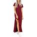 LAPA Women's Round Neck Stitching Ruffle Maxi Dress Solid Casual Long Dress