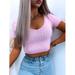 Women's Summer Solid Color Short T Shirts V Neck Short Sleeve Slim Knitted Top