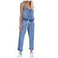 Follure Womens Casual Off Shoulder Denim Jeans Pocket Sleeveless Jumpsuits Rompers