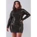 Plus Size Black Gold Sequin Mesh Long Sleeve Mock Neck Slit Back Detail Relaxed Mini Dress 2XL