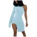 Mnycxen Women's Sexy Summer Dress Women Sexy One Shoulder Long Sleeve Tight Side Slit Party Dress Clubwear