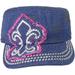 SILVERFEVER Women's Military Cadet Cap Hat - Patch Cotton - Studded & Embroidered (Dark Denim, Fleur De Lis)