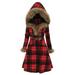 TANGNADE 2021 New Fashion Womens Vintage Stripe Plus Size Plaid Long Sleeve Faux Fur Hood Longline Coat
