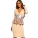 Women Apricot Midnight Hour Stone Sequin Peplum Long Sleeve Midi Dress