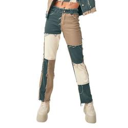 Kiapeise Women's High Waist Patchwork Jeans Color Block Distressed Straight Skinny Denim Pants Fashion Pencil Trousers