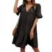 Promotion Clearance Summer New Dress Loose Casual Dress 5 Points Sleeve Long V Neck Dress for Women Black L