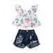 Wayren USA Toddler Baby Girls Floral Cactus Clothes Ruffle Off-Shoulder Crop Tops Shirt+Denim Shorts Jeans Summer Clothes Outfits