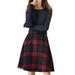 Allegra K Women's Round Neck Swing Belted Plaids Color Block Dress