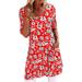 Daciye Women Dress Floral Print Round Neck Half Sleeve Straight Dress (Red XL)