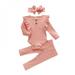 Newborn Infant Baby Girls 3Pcs Outfits Clothing Set Toddler Baby Girls Solid Long Ruffled Fly-sleeved Bodysuit+ Pants + Headband Toddler