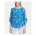 CALVIN KLEIN Womens Blue Ruffled Floral 3/4 Sleeve Jewel Neck Blouse Top Size M