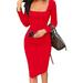 Hirigin Women Square Collar Solid Color Casual Dresses Long Sleeve Club Party Slim Fit Midi Dress