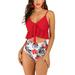 Women 2Pcs Padded Ruffle Tops With High Waist Swim Briefs Bottoms Bikini Set Swimsuit Swimwear Summer Beachwear Sexy Ladies Swimming Costumes Bathing Suit Tummy Control Push Up Bra Padded