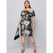 Women's Plus Size Floral Print Ruffle Trim Bardot Fitted Dress