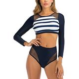 HIMONE Women Ladies Girls Two Piece Bikini Set Long Sleeve Swimsuit Beachwear Mesh Swimwear Swimming Costumes Bathing Suit, S-XXXL Push Up Padded Backless, Tops+ High Waist Bikini Bottoms