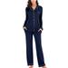 Women's V-neck Long Sleeve Trousers Pajamas Suit Dark Blue Plus Size Women Clothes Suits